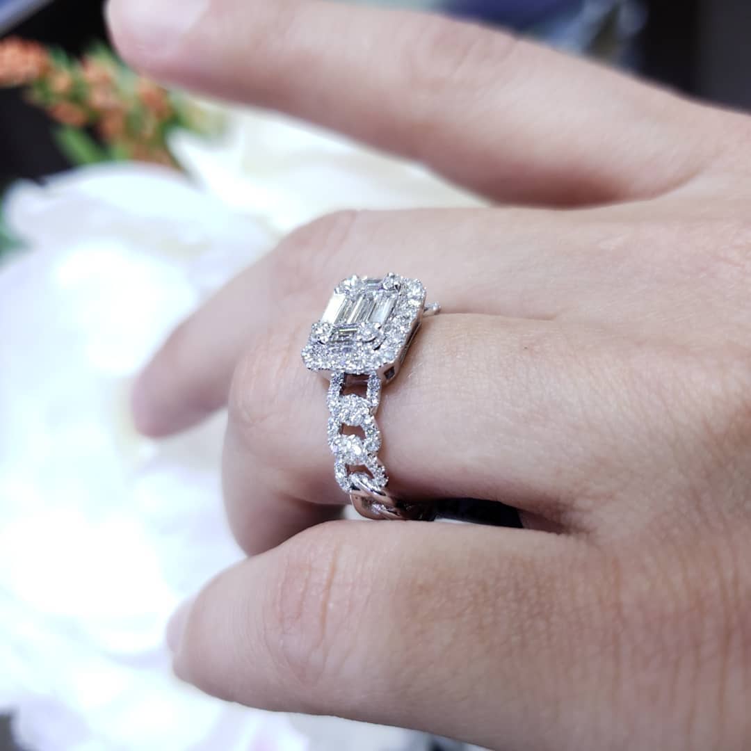 PJR47652 Invisible Set Diamond Baguette and Round Stone Center in a Halo  with Diamond Encrusted Braided 14K White Gold Shank