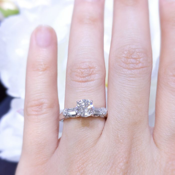 1.27 Ct Round and Baguette Diamonds Engagement Ring