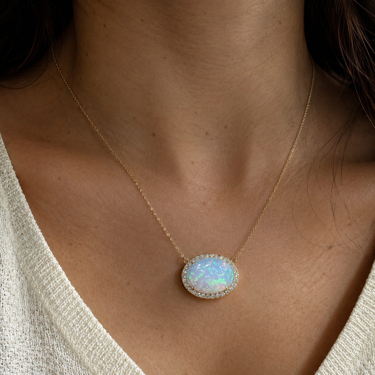 14KT Yellow Gold Opal & Diamond Pendant Necklace – COLN024 NGJJ