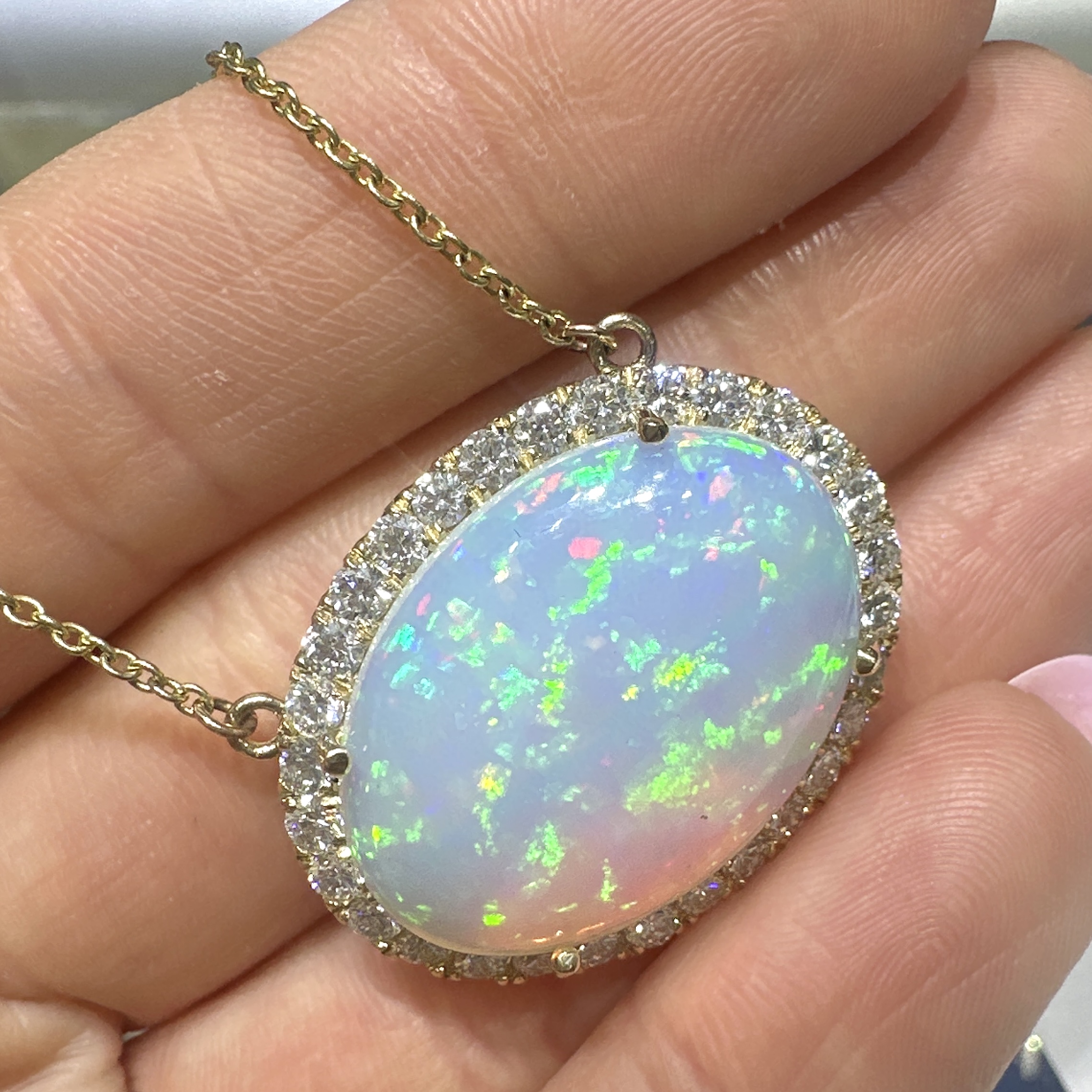14KT Yellow Gold Opal & Diamond Pendant Necklace – COLN024 NGJJ - Image 3
