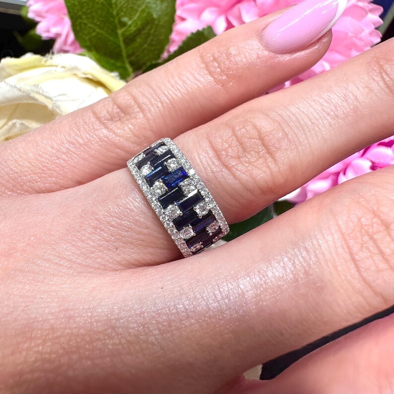 18KT White Gold Diamond Ring with Baguette-Cut Sapphires SDR991 ILTJ - Image 2